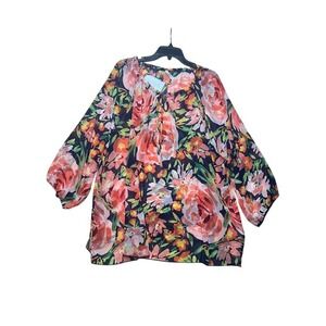 Hesed Floral Chiffon Tunic Top 3X Pink Coral Navy Sheer Balloon Sleeve